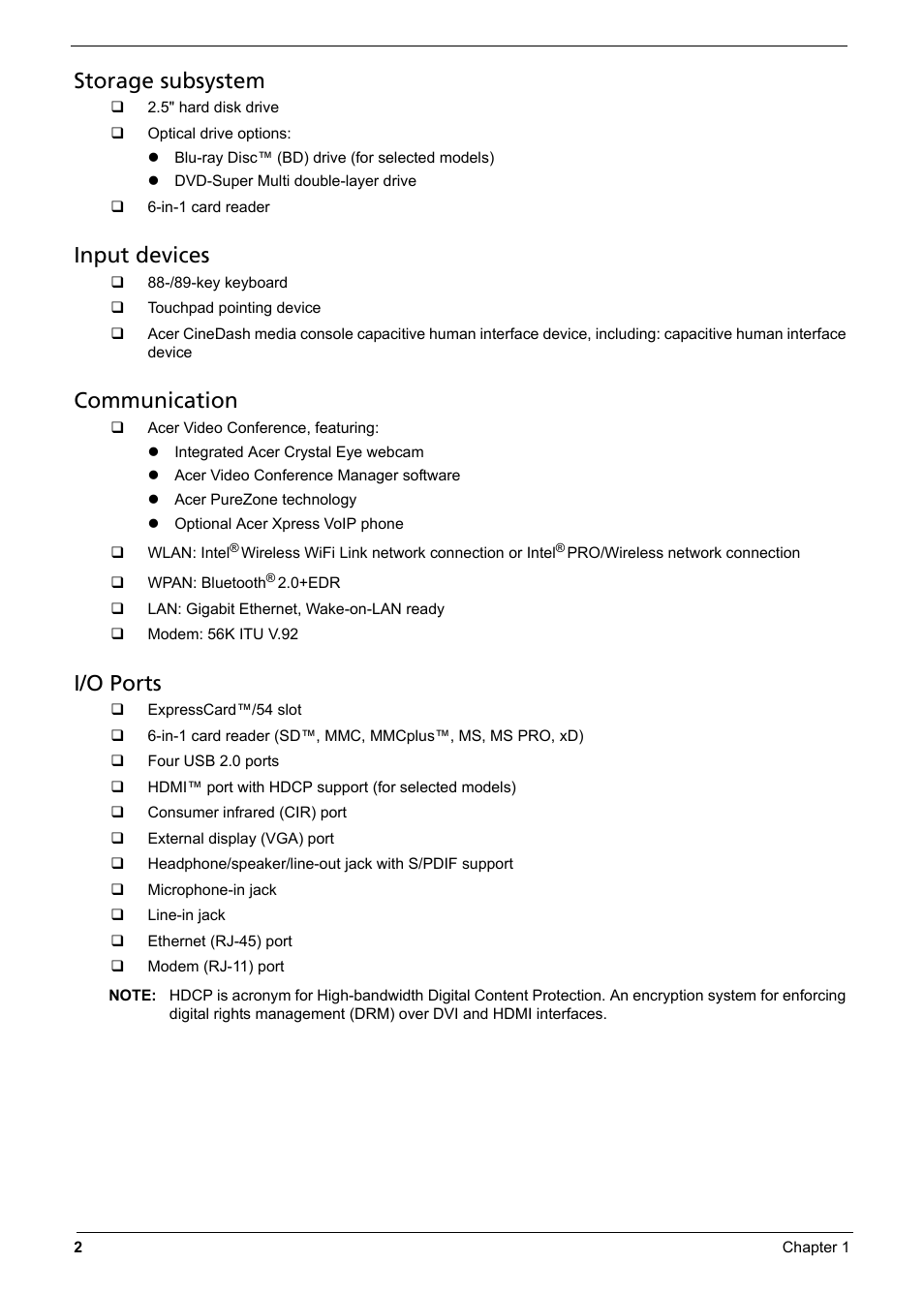 Storage subsystem, Input devices, Communication | I/o ports | Aspire Digital 6935G User Manual | Page 10 / 128
