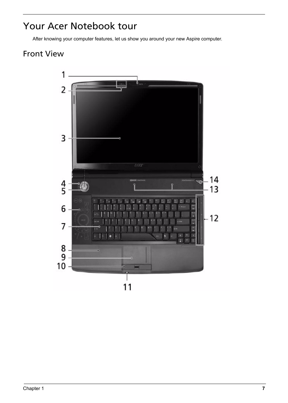 Your acer notebook tour, Front view | Aspire Digital 6935G User Manual | Page 15 / 128