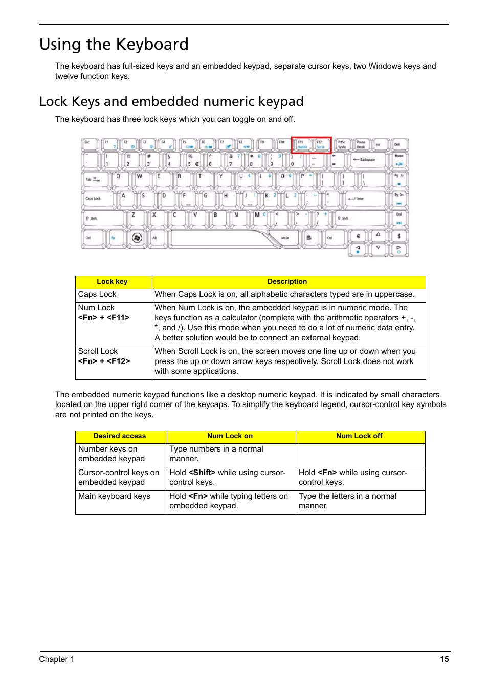 Using the keyboard, Lock keys and embedded numeric keypad | Aspire Digital 6935G User Manual | Page 23 / 128