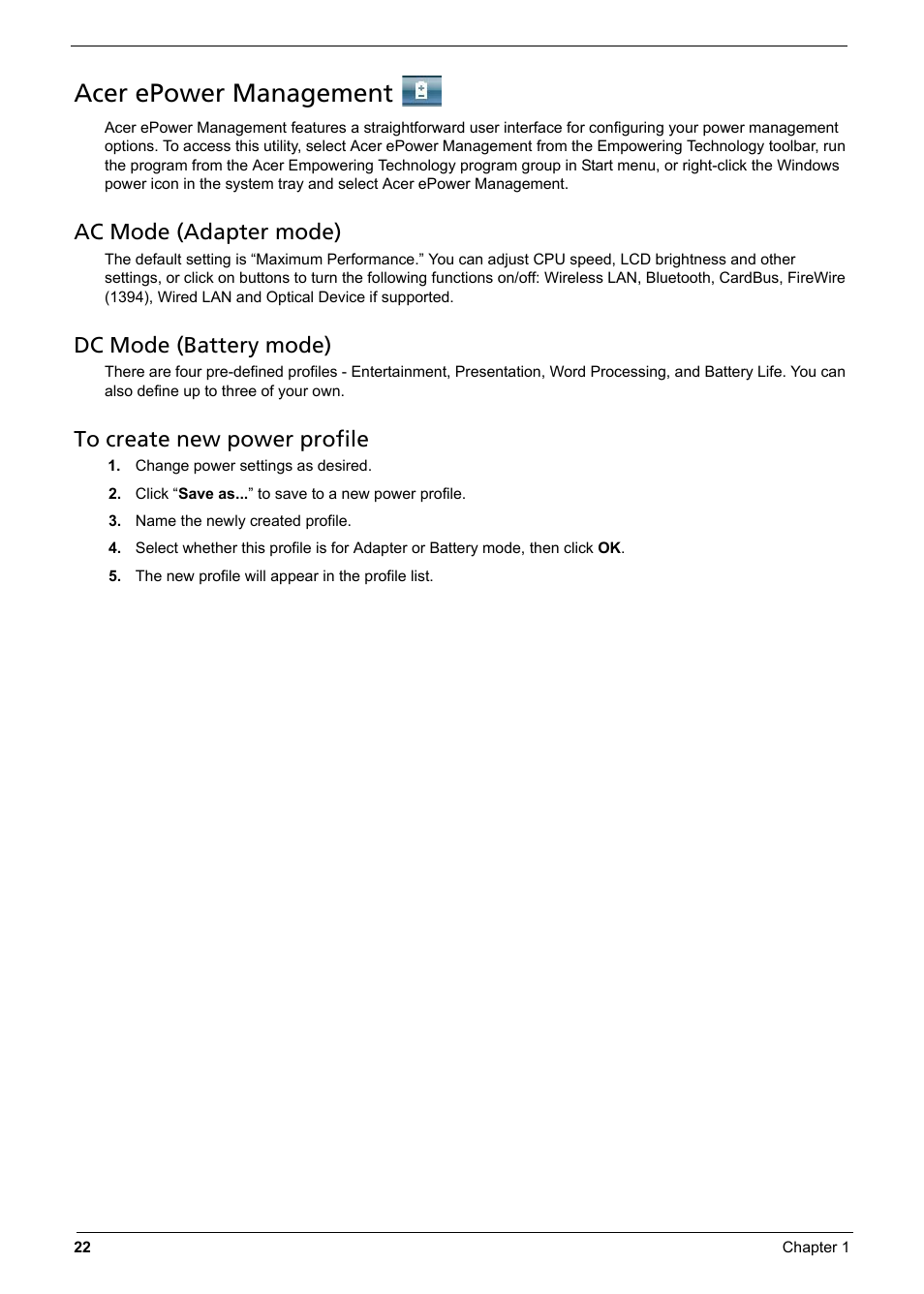 Acer epower management, Ac mode (adapter mode), Dc mode (battery mode) | Aspire Digital 6935G User Manual | Page 30 / 128