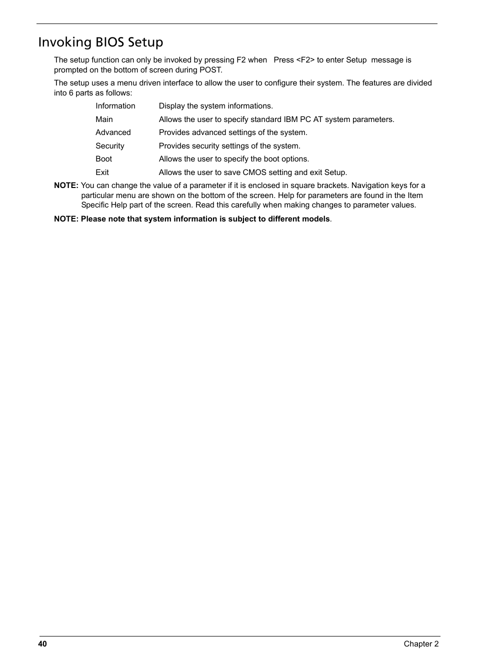Invoking bios setup | Aspire Digital 6935G User Manual | Page 50 / 128