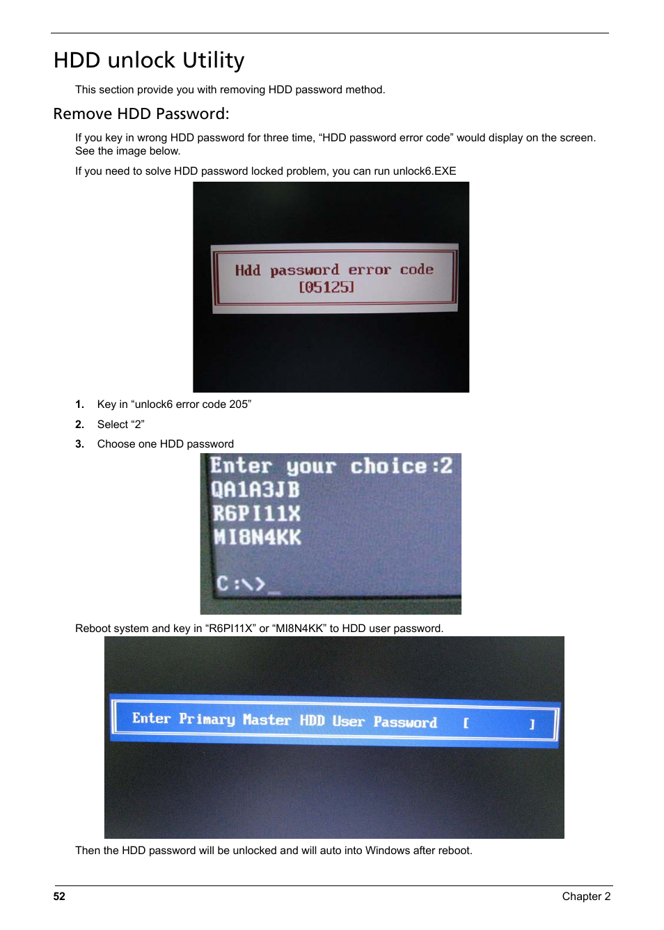 Hdd unlock utility, Remove hdd password | Aspire Digital 6935G User Manual | Page 62 / 128