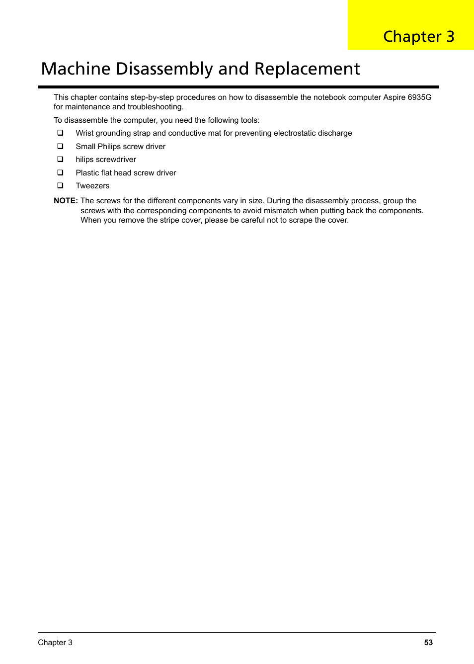 Ch.3 machine disassembly and replacement, Machine disassembly and replacement, Chapter 3 | Aspire Digital 6935G User Manual | Page 63 / 128
