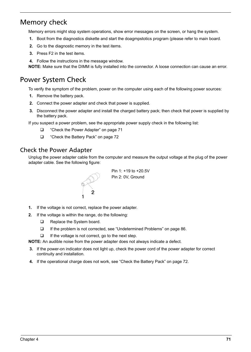 Memory check, Power system check, Memory check power system check | Check the power adapter | Aspire Digital 6935G User Manual | Page 79 / 128