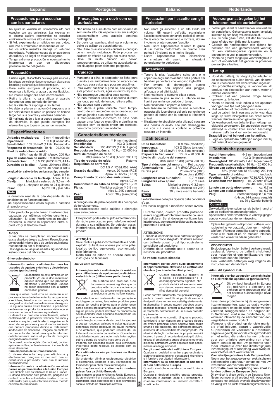 Español português italiano, Especifi caciones, Características técnicas | Dati tecnici, Nederlands, Technische gegevens | Panasonic RPHC55 User Manual | Page 2 / 8