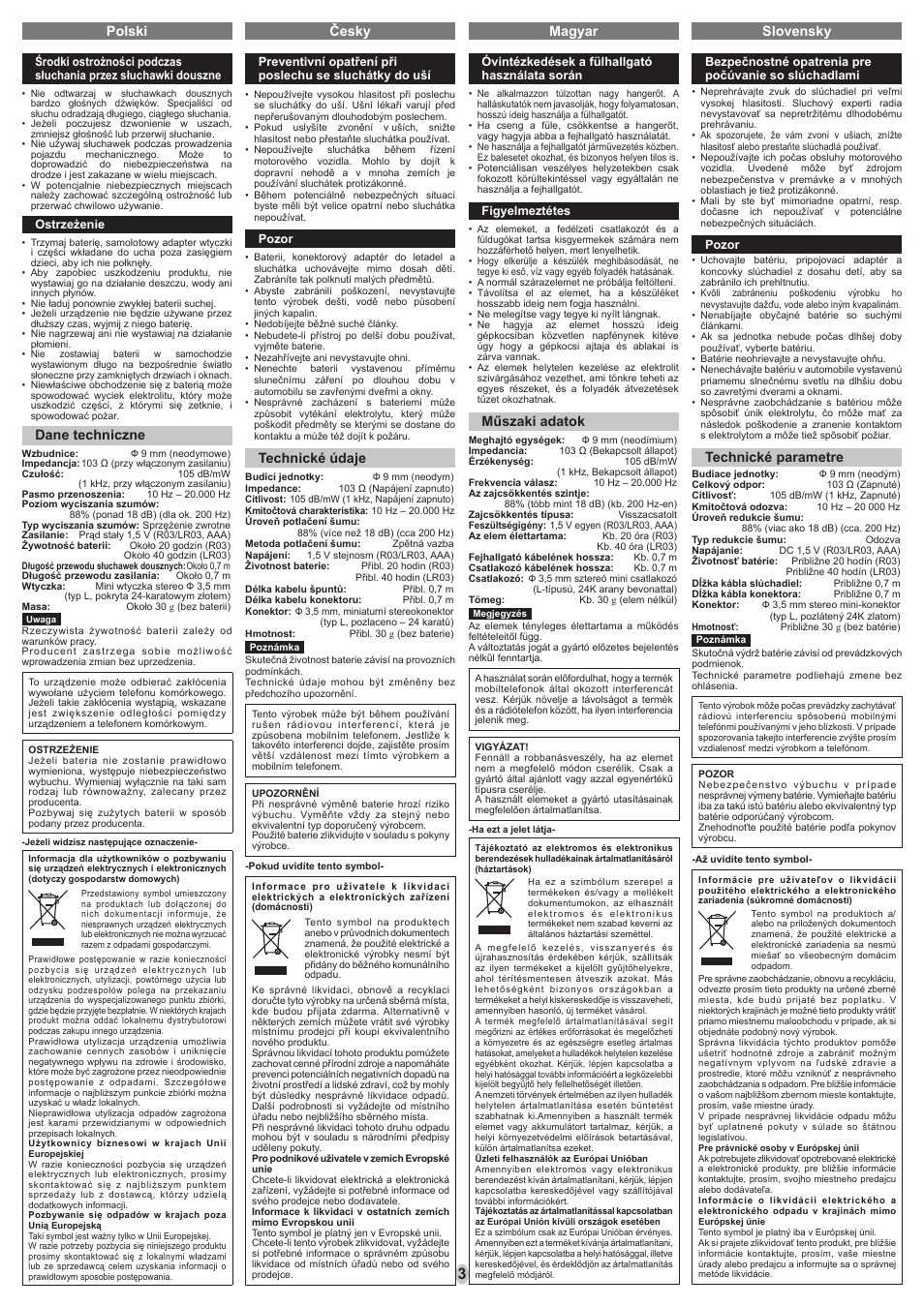 Polski česky magyar slovensky, Technické parametre, Dane techniczne | Technické údaje, Műszaki adatok | Panasonic RPHC55 User Manual | Page 3 / 8