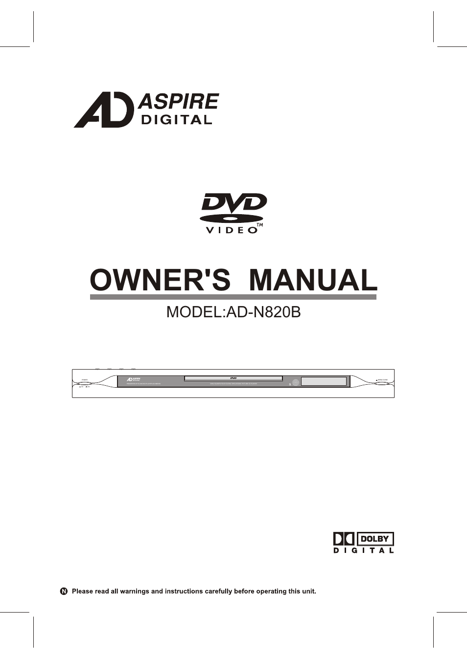 Aspire Digital DVD/CD/MP3/CD-R/CD-RW/JPEG/KODAK PICTURE CD PLAYERPROGRESSIVE SCAN DVD PLAYER AD-N820B User Manual | 12 pages