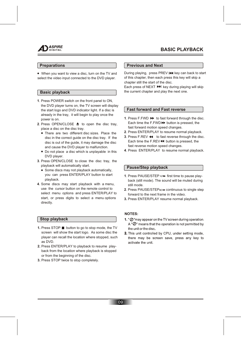 Т³гж 11, Basic playback | Aspire Digital DVD/CD/MP3/CD-R/CD-RW/JPEG/KODAK PICTURE CD PLAYERPROGRESSIVE SCAN DVD PLAYER AD-N820B User Manual | Page 11 / 12