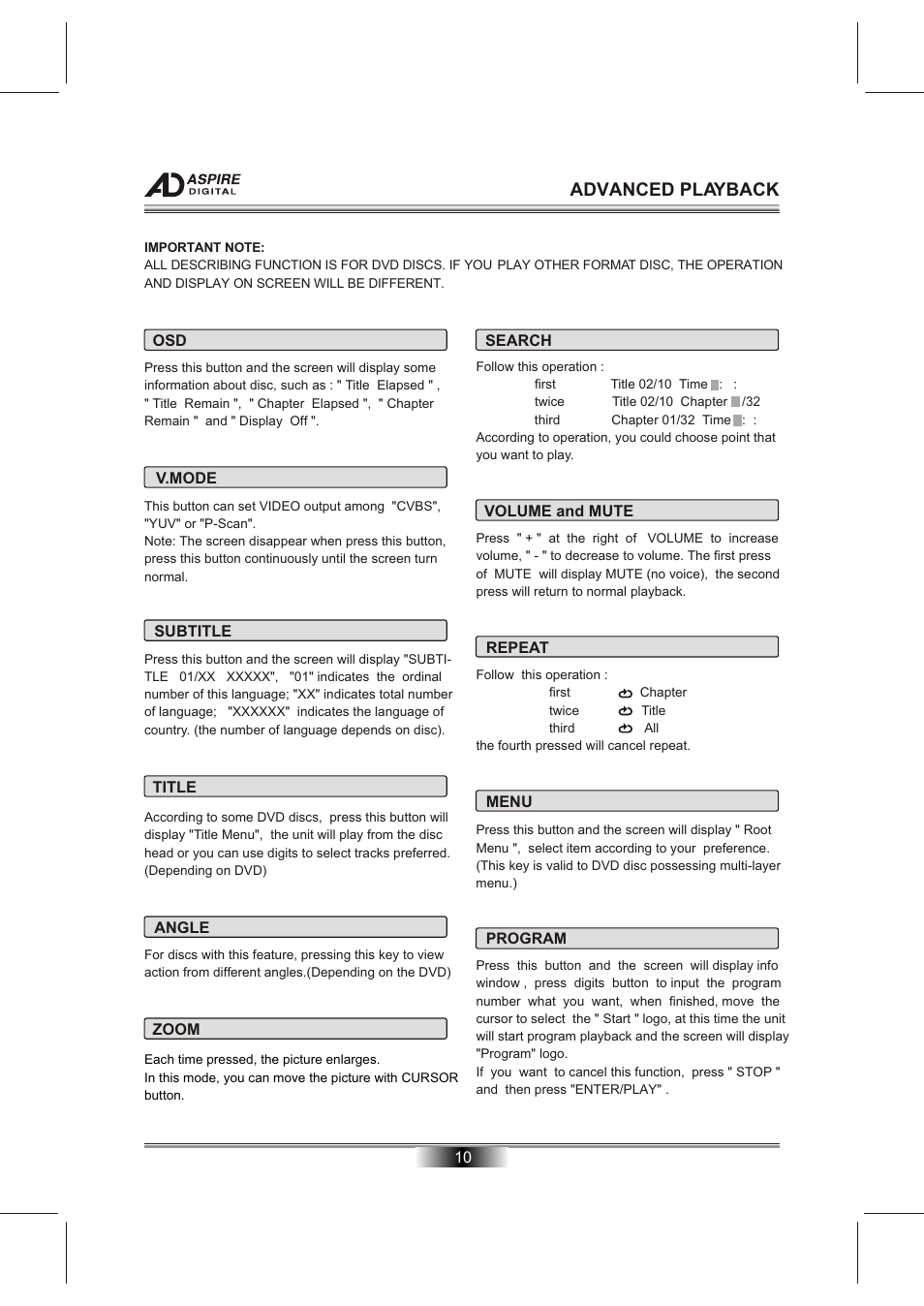 Т³гж 12, Advanced playback | Aspire Digital DVD/CD/MP3/CD-R/CD-RW/JPEG/KODAK PICTURE CD PLAYERPROGRESSIVE SCAN DVD PLAYER AD-N820B User Manual | Page 12 / 12
