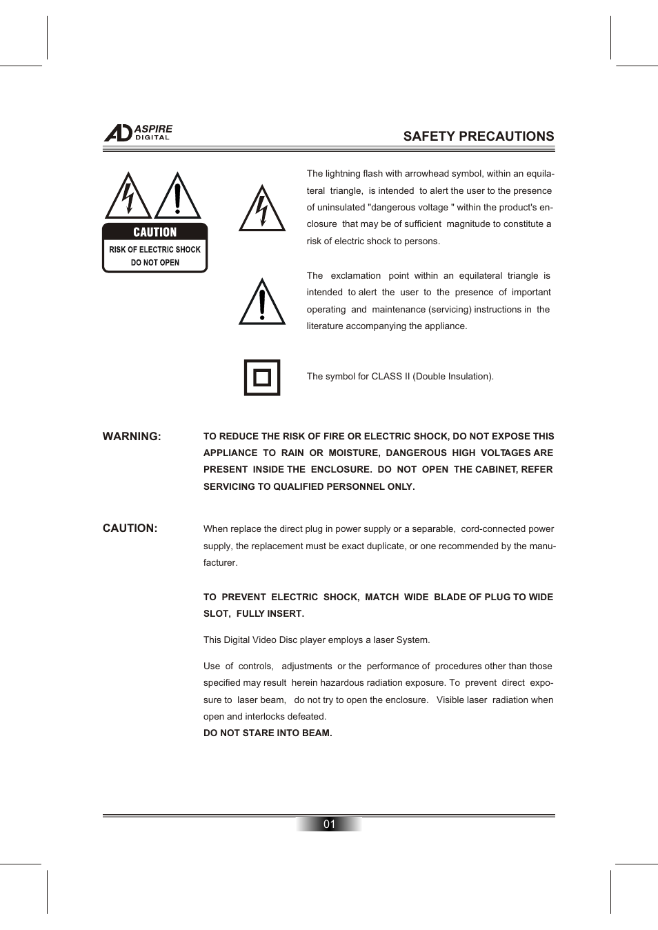 Т³гж 3, Safety precautions | Aspire Digital DVD/CD/MP3/CD-R/CD-RW/JPEG/KODAK PICTURE CD PLAYERPROGRESSIVE SCAN DVD PLAYER AD-N820B User Manual | Page 3 / 12