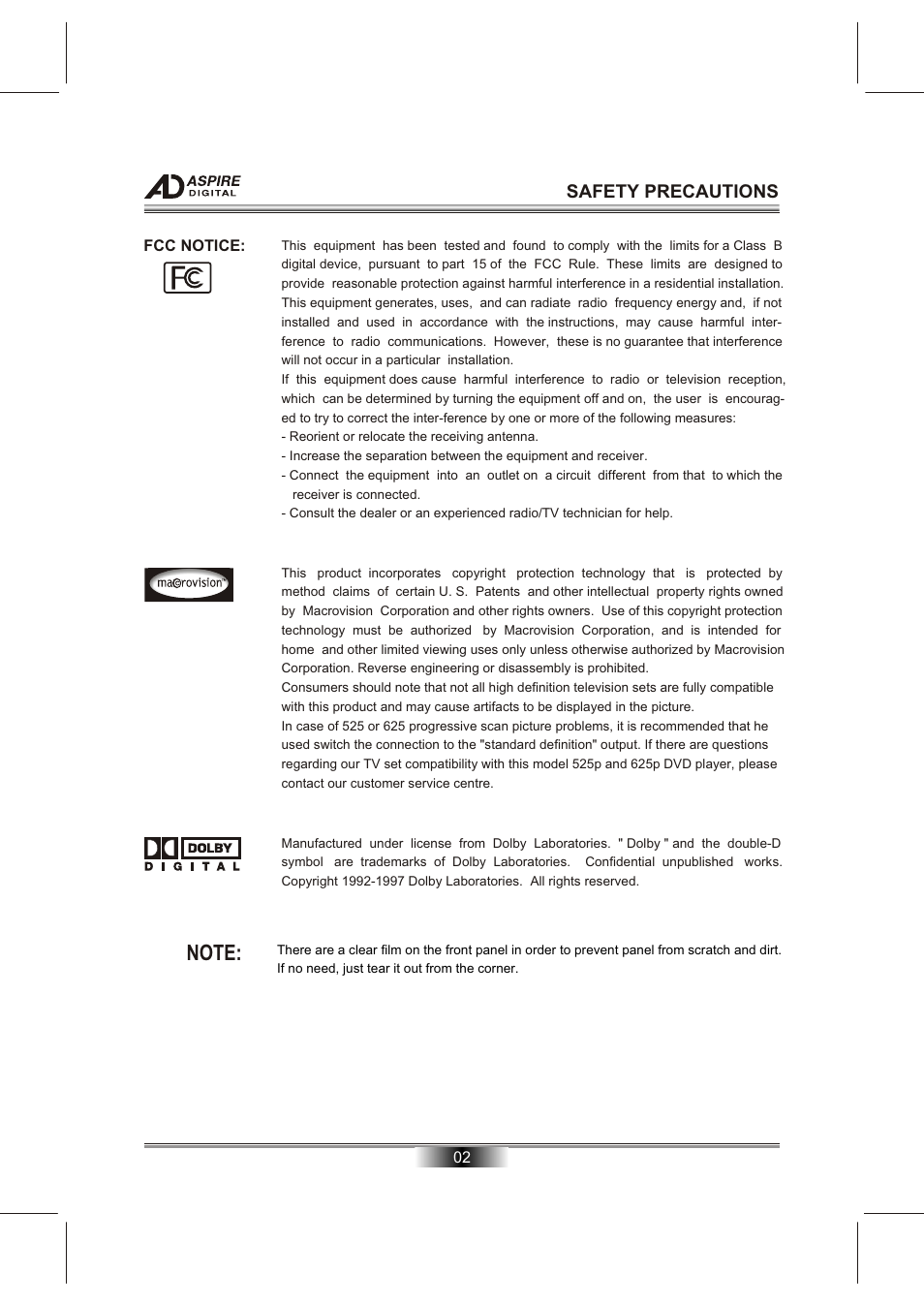 Т³гж 4, Safety precautions | Aspire Digital DVD/CD/MP3/CD-R/CD-RW/JPEG/KODAK PICTURE CD PLAYERPROGRESSIVE SCAN DVD PLAYER AD-N820B User Manual | Page 4 / 12