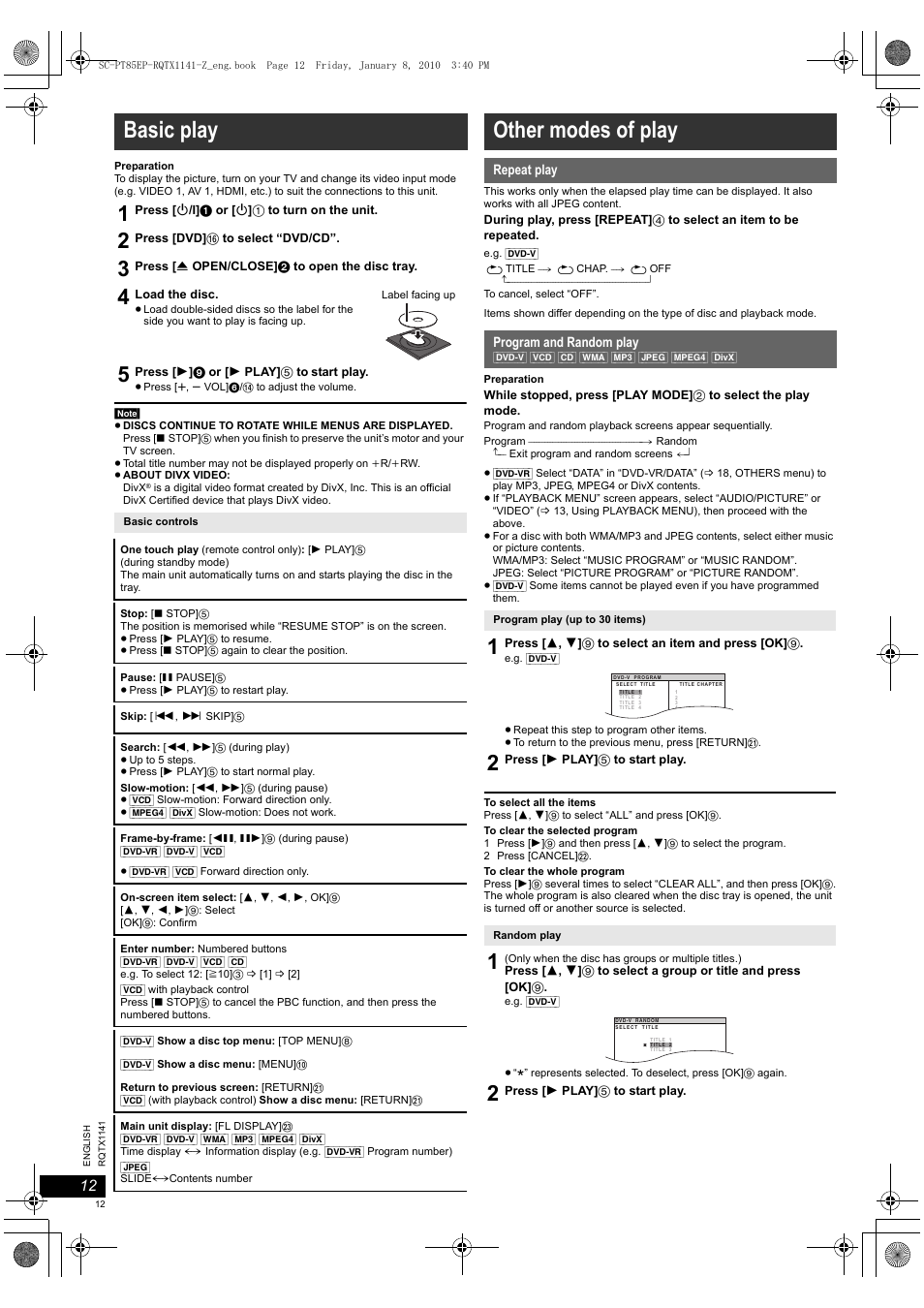 Basic play, Other modes of play | Panasonic SCPT85EP User Manual | Page 12 / 94
