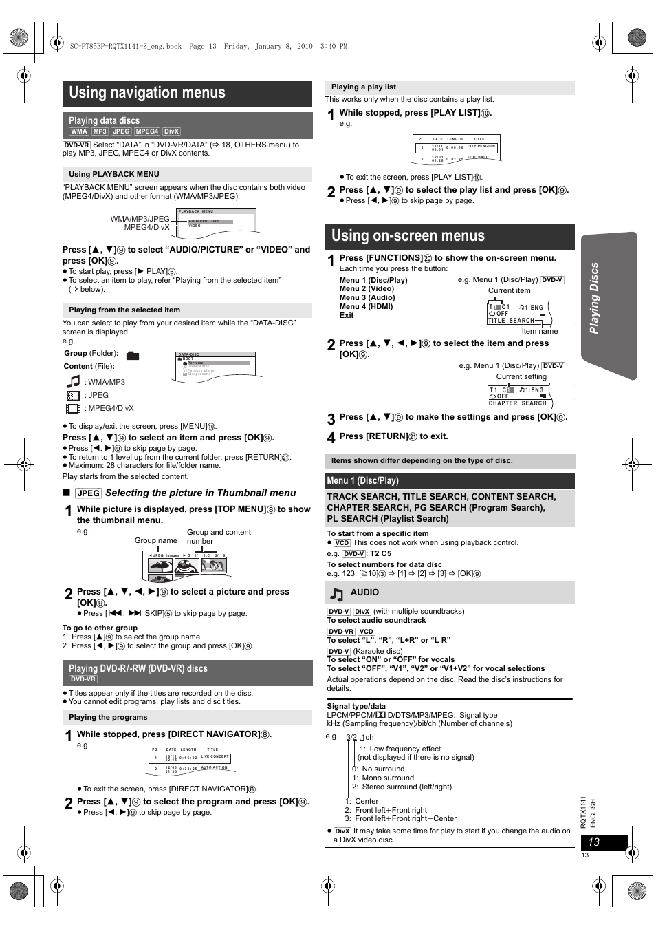 Using navigation menus, Using on-screen menus, Jpeg] selecting the picture in thumbnail menu | Playing data discs, Playing dvd-r/-rw (dvd-vr) discs, Menu 1 (disc/play) | Panasonic SCPT85EP User Manual | Page 13 / 94