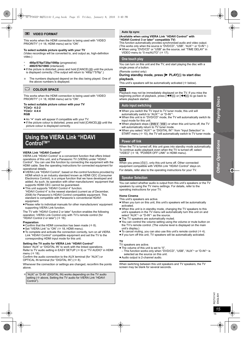 Using the viera link “hdavi control, Playing discs ot her op era tions | Panasonic SCPT85EP User Manual | Page 15 / 94