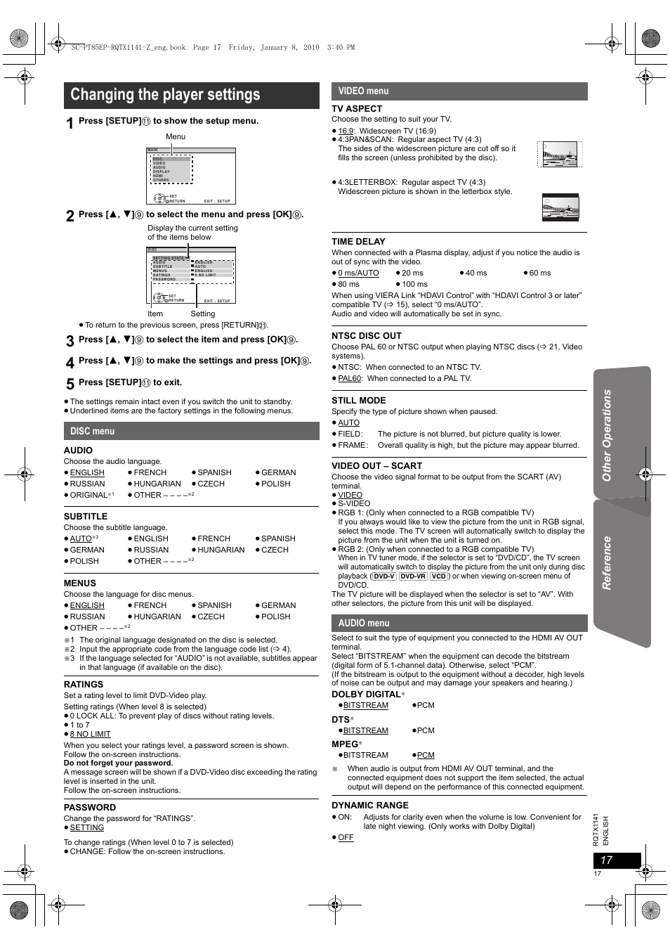 Changing the player settings, Ot her op era tions reference | Panasonic SCPT85EP User Manual | Page 17 / 94