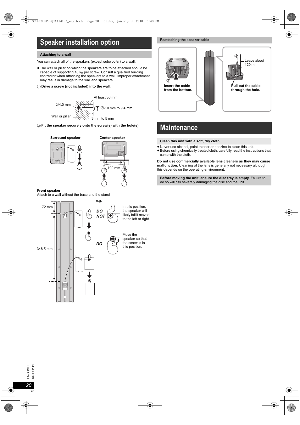 Speaker installation option, Maintenance | Panasonic SCPT85EP User Manual | Page 20 / 94