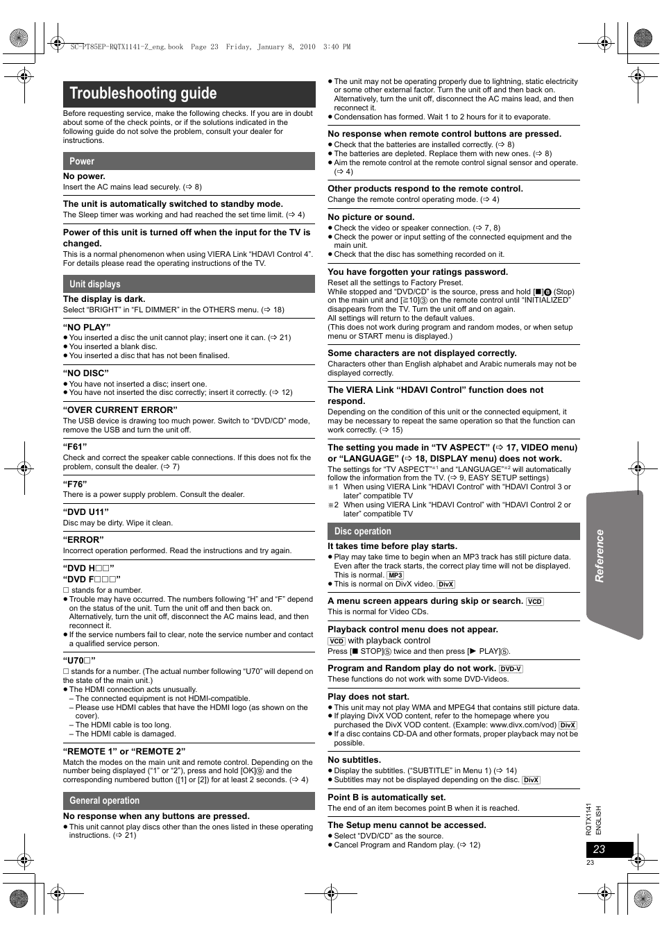 Troubleshooting guide, Reference | Panasonic SCPT85EP User Manual | Page 23 / 94