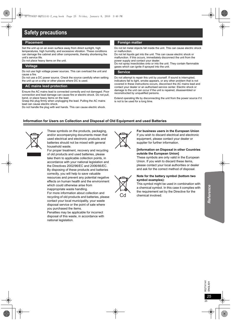 Safety precautions | Panasonic SCPT85EP User Manual | Page 25 / 94