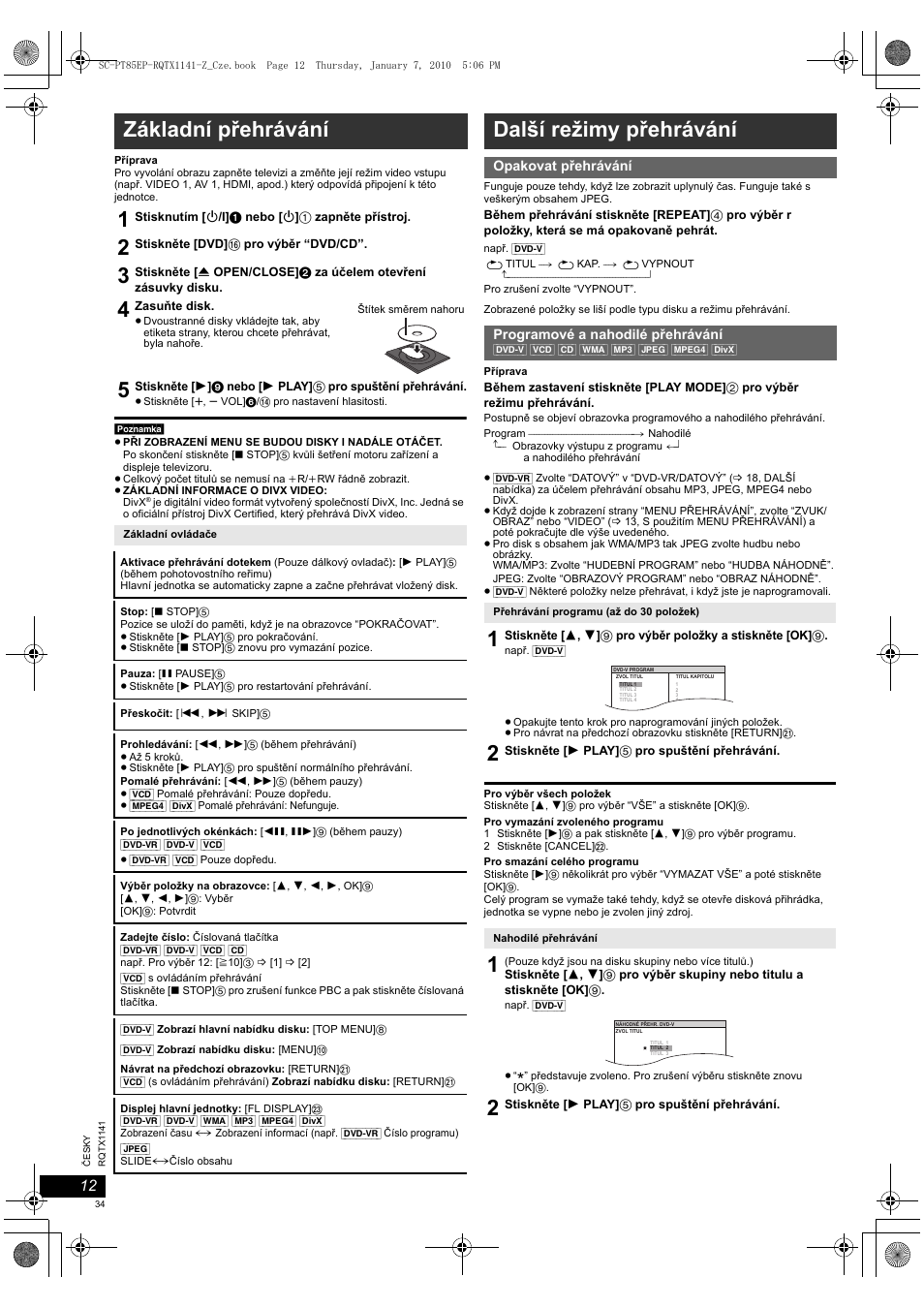 Základní přehrávání 1, Další režimy přehrávání | Panasonic SCPT85EP User Manual | Page 34 / 94