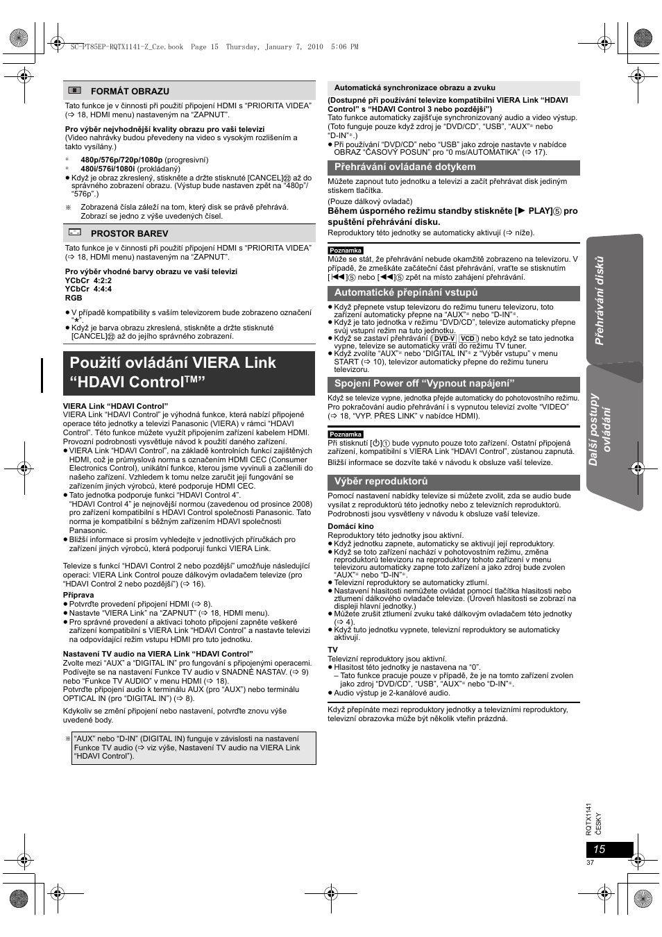 Použití ovládání viera link “hdavi control, Přehr ává ní d is ků d alší postupy ovládá ní | Panasonic SCPT85EP User Manual | Page 37 / 94