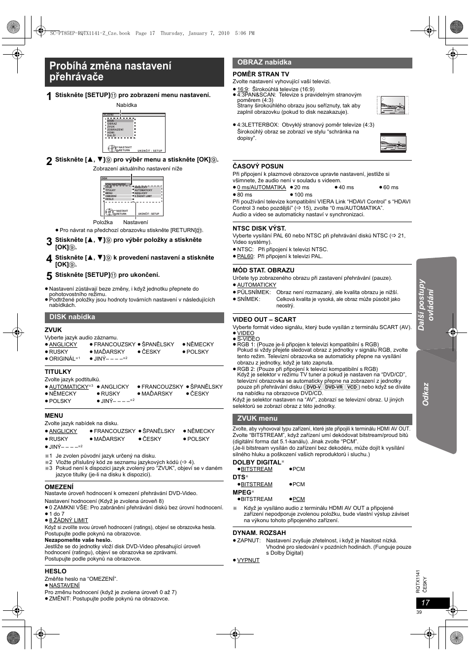 Probíhá změna nastavení přehrávače 1, Další postupy ovládá ní odkaz | Panasonic SCPT85EP User Manual | Page 39 / 94