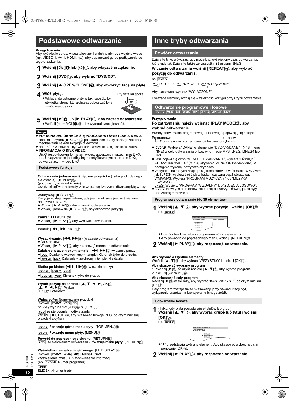 Podstawowe odtwarzanie 1, Inne tryby odtwarzania | Panasonic SCPT85EP User Manual | Page 56 / 94