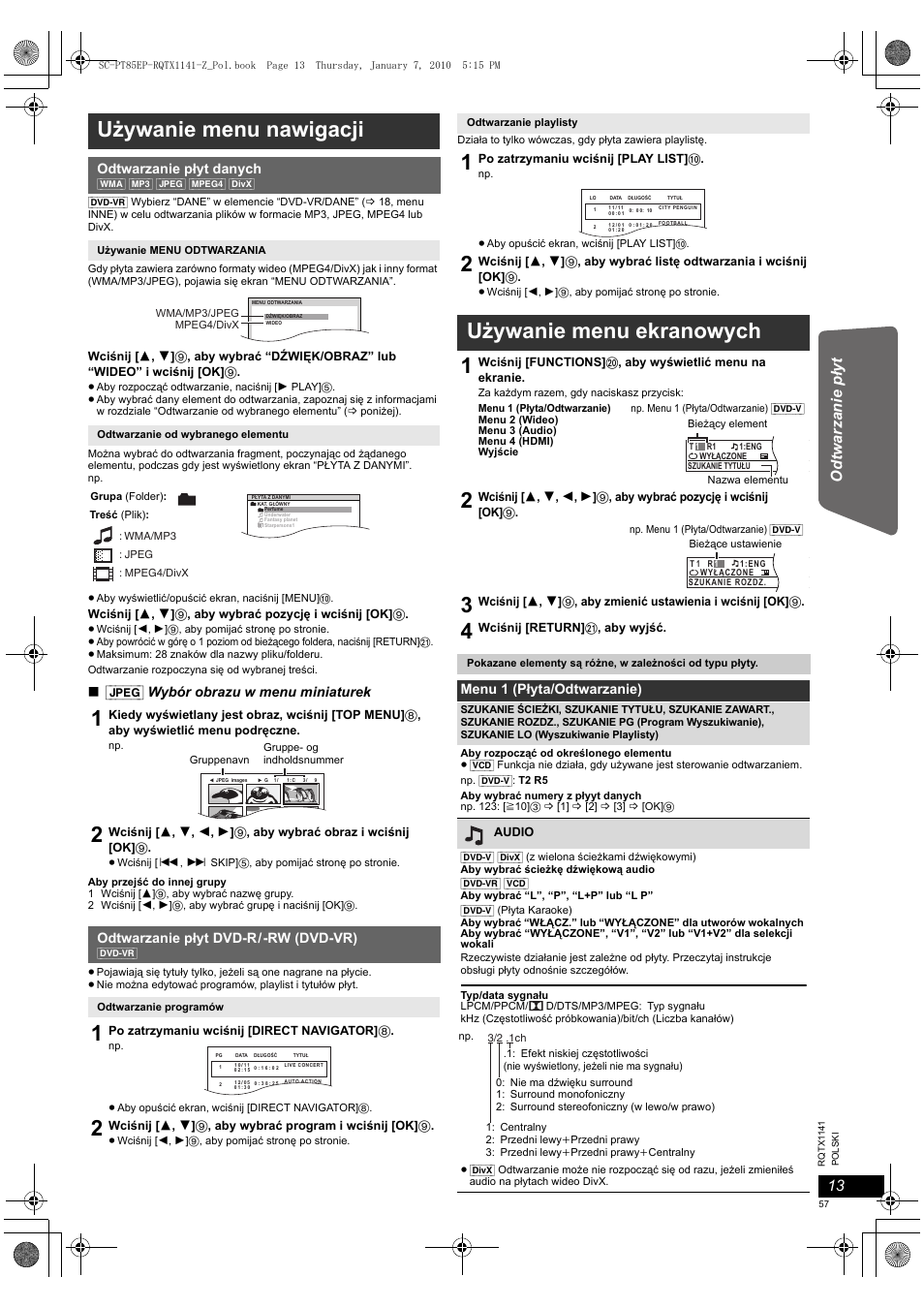Używanie menu nawigacji, Używanie menu ekranowych 1, Jpeg] wybór obrazu w menu miniaturek | Odtwarzanie płyt danych, Odtwarzanie płyt dvd-r/-rw (dvd-vr), Menu 1 (płyta/odtwarzanie) | Panasonic SCPT85EP User Manual | Page 57 / 94