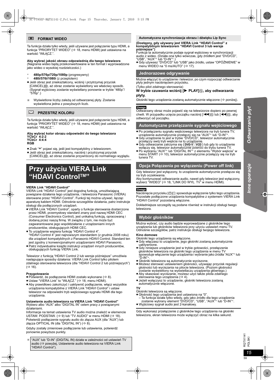 Przy użyciu viera link “hdavi control, Od twarzanie p łyt inn e ope rac je | Panasonic SCPT85EP User Manual | Page 59 / 94