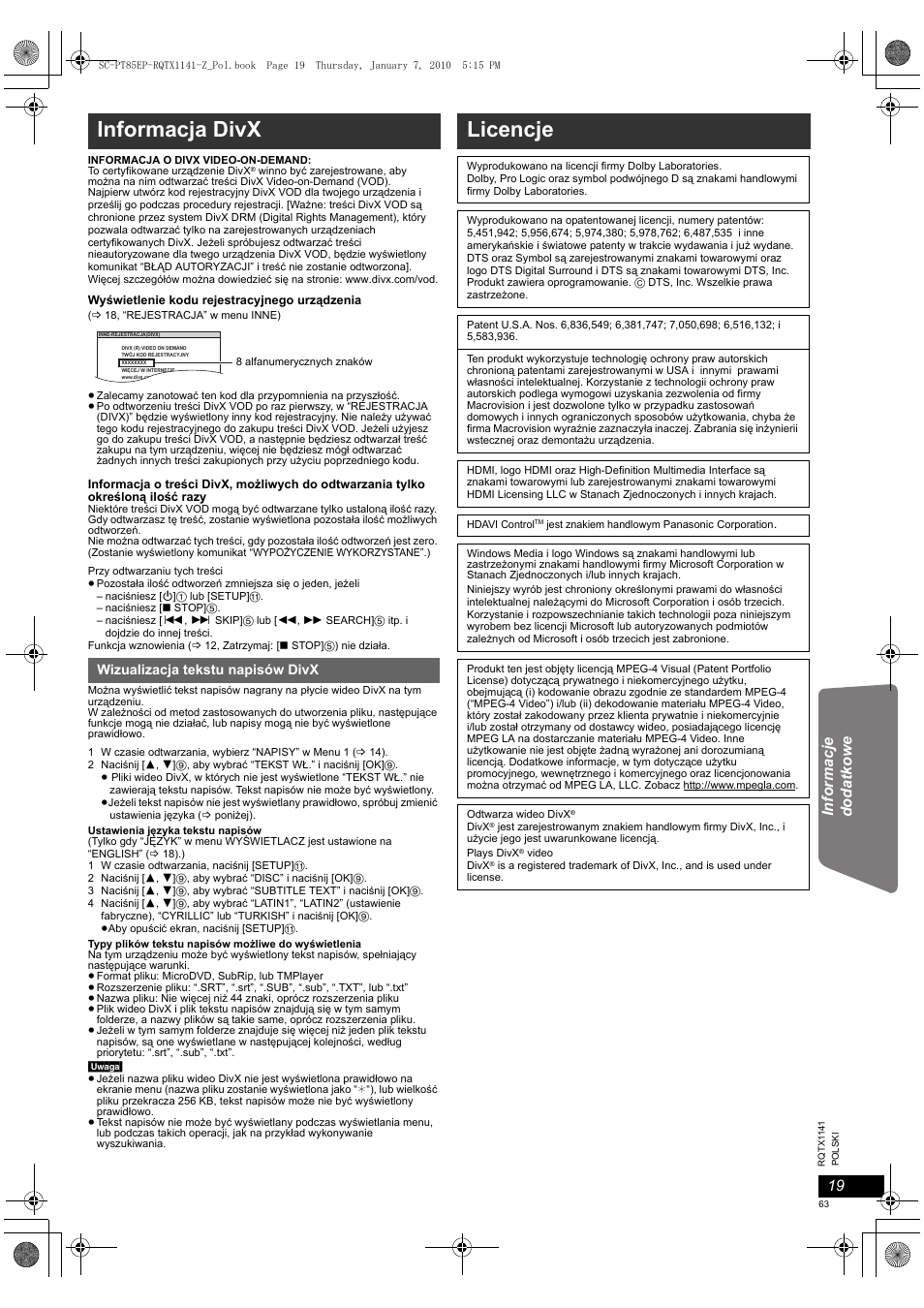 Informacja divx, Licencje | Panasonic SCPT85EP User Manual | Page 63 / 94