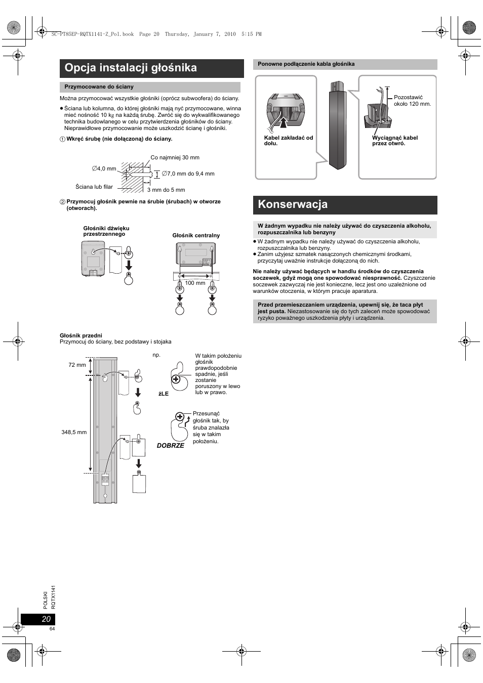 Opcja instalacji głośnika, Konserwacja | Panasonic SCPT85EP User Manual | Page 64 / 94