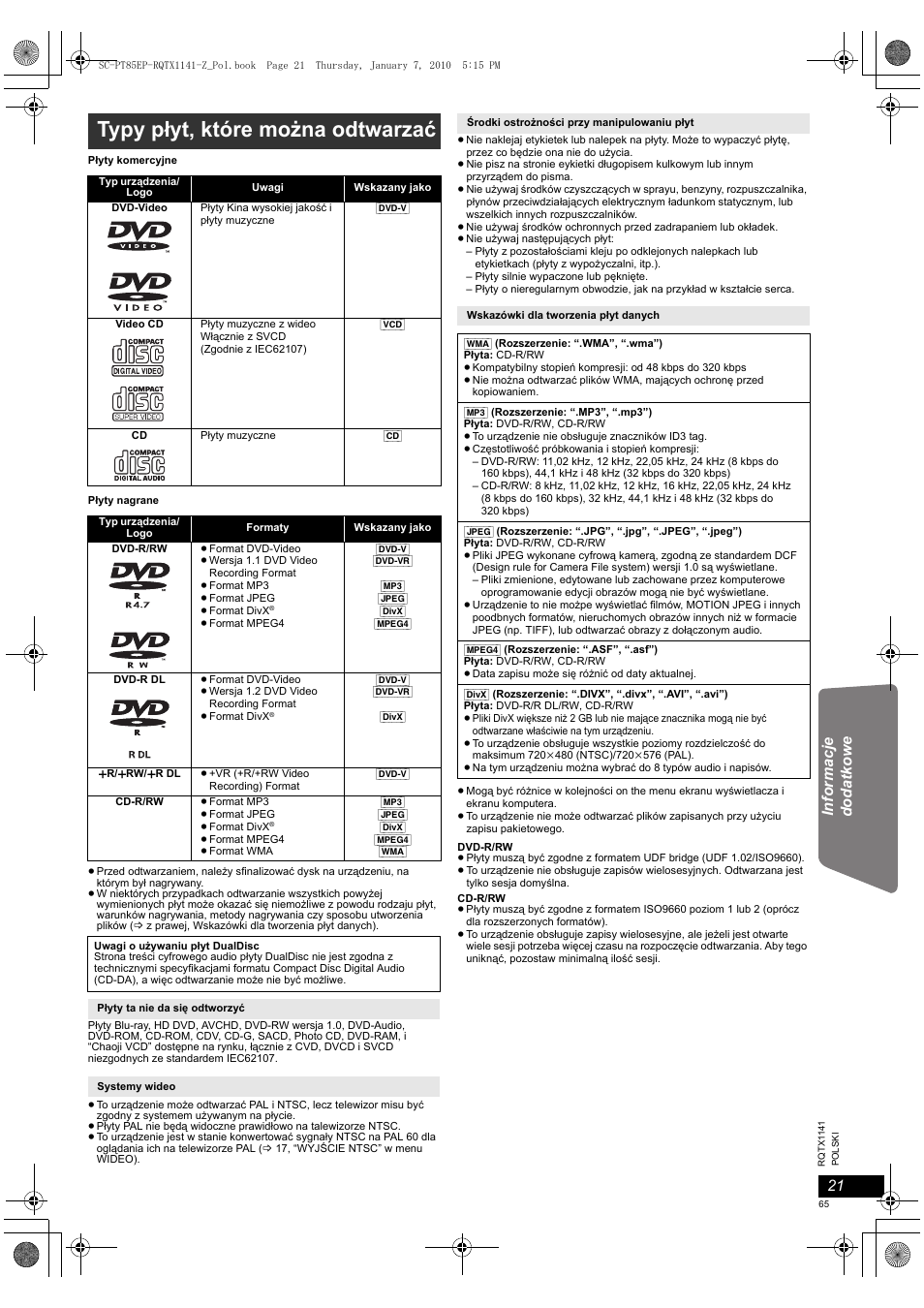 Typy płyt, które można odtwarzać | Panasonic SCPT85EP User Manual | Page 65 / 94