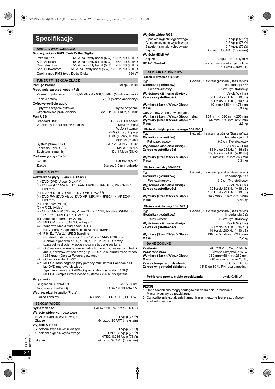 Specifikacje | Panasonic SCPT85EP User Manual | Page 66 / 94