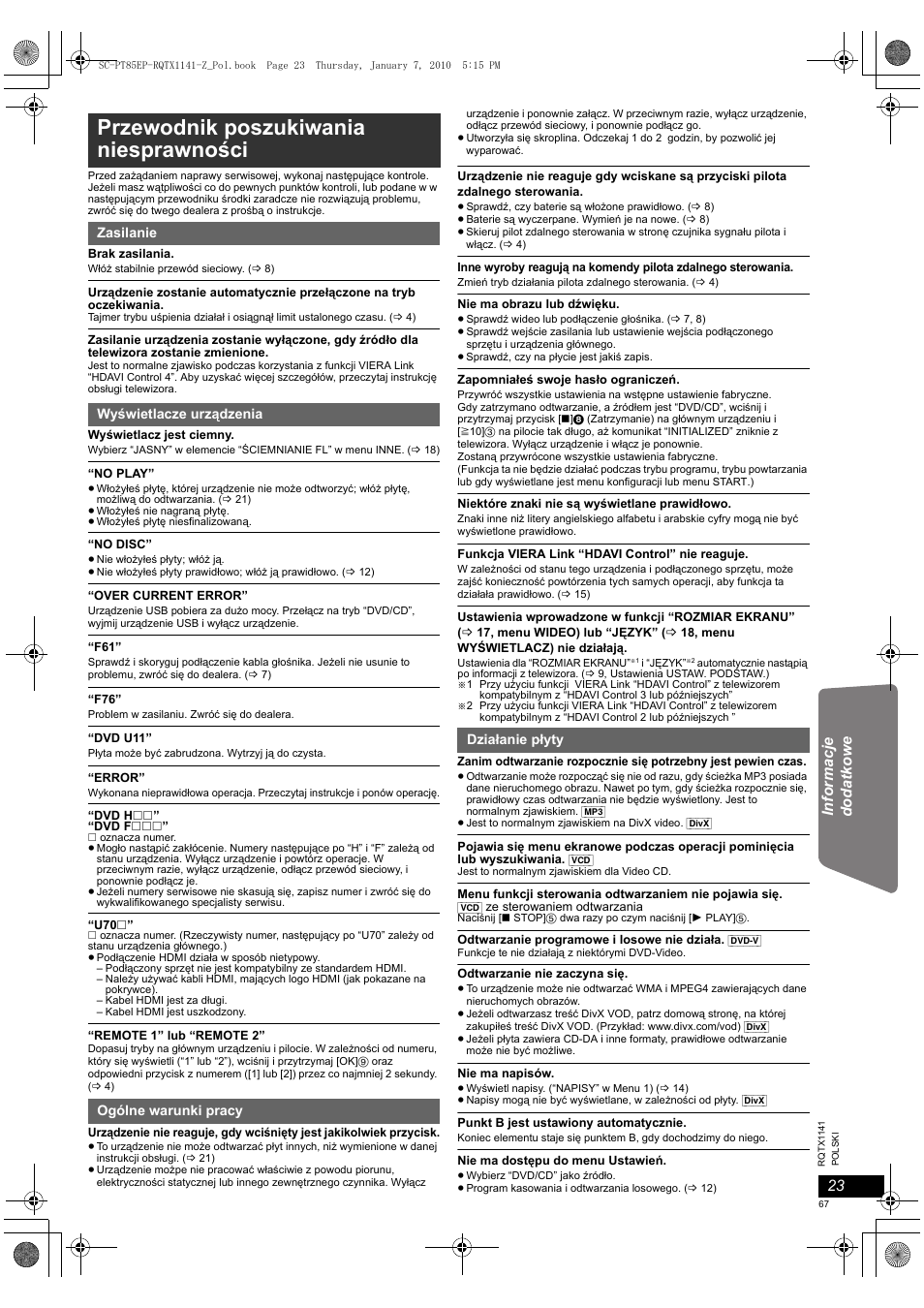 Przewodnik poszukiwania niesprawności | Panasonic SCPT85EP User Manual | Page 67 / 94