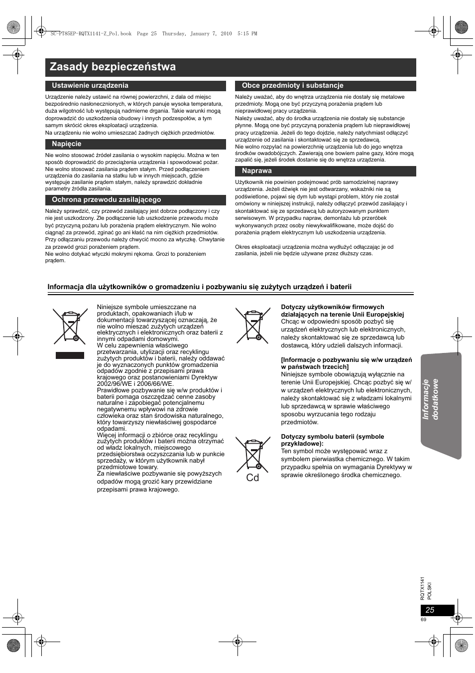 Zasady bezpieczeństwa | Panasonic SCPT85EP User Manual | Page 69 / 94