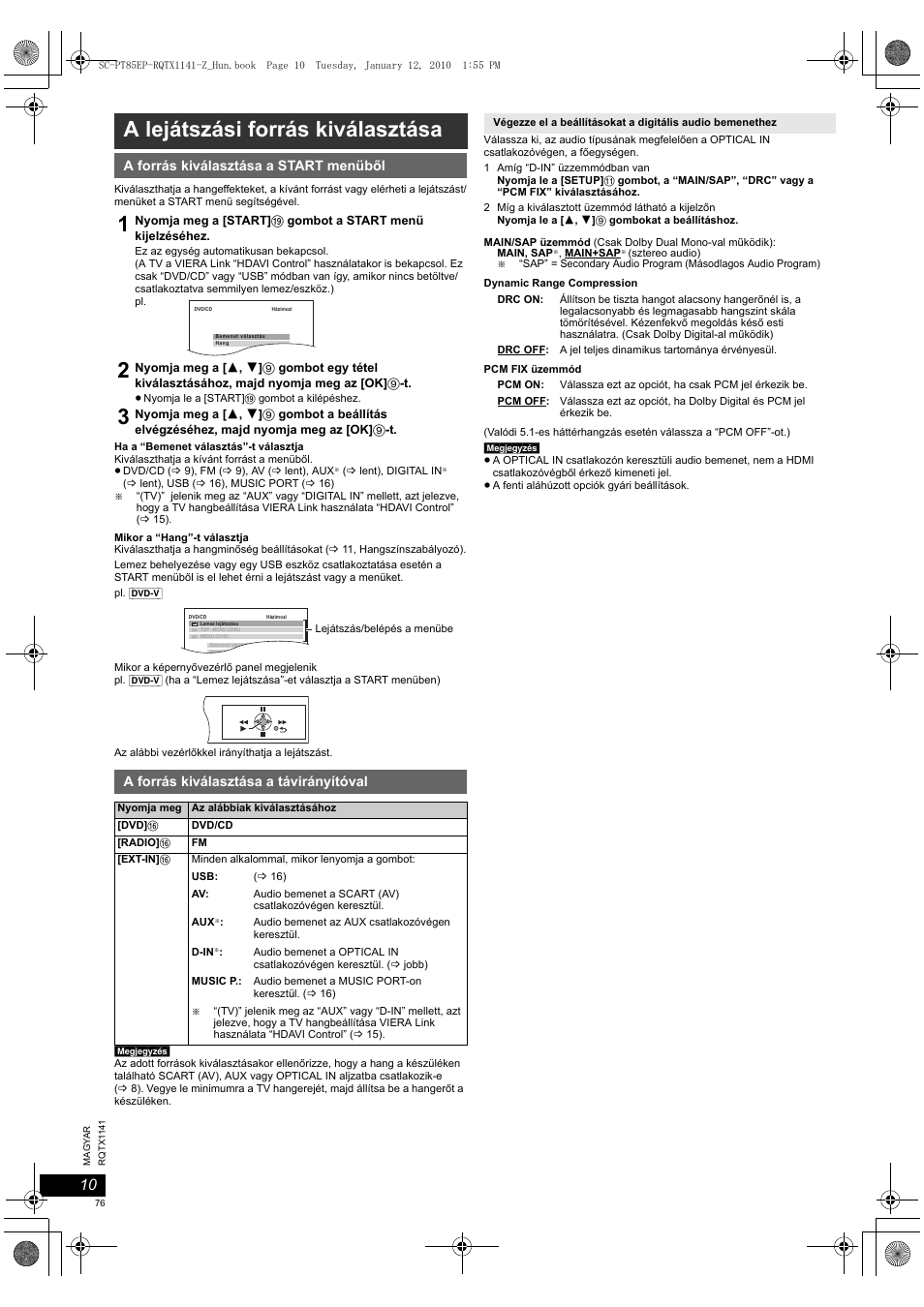 A lejátszási forrás kiválasztása | Panasonic SCPT85EP User Manual | Page 76 / 94