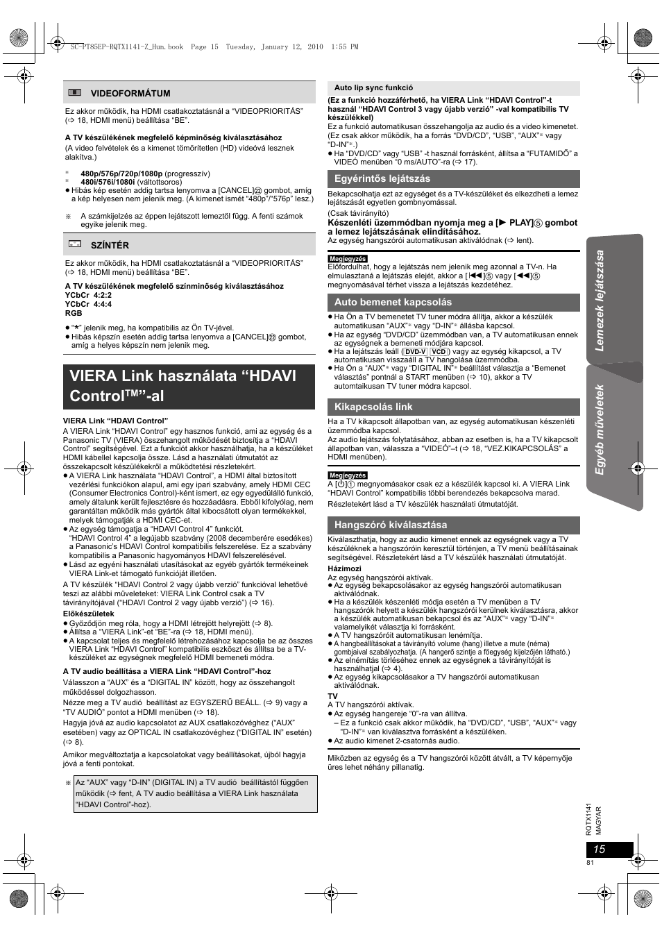 Viera link használata “hdavi control, Lemezek lejátszása egyéb m ű ve le te k | Panasonic SCPT85EP User Manual | Page 81 / 94
