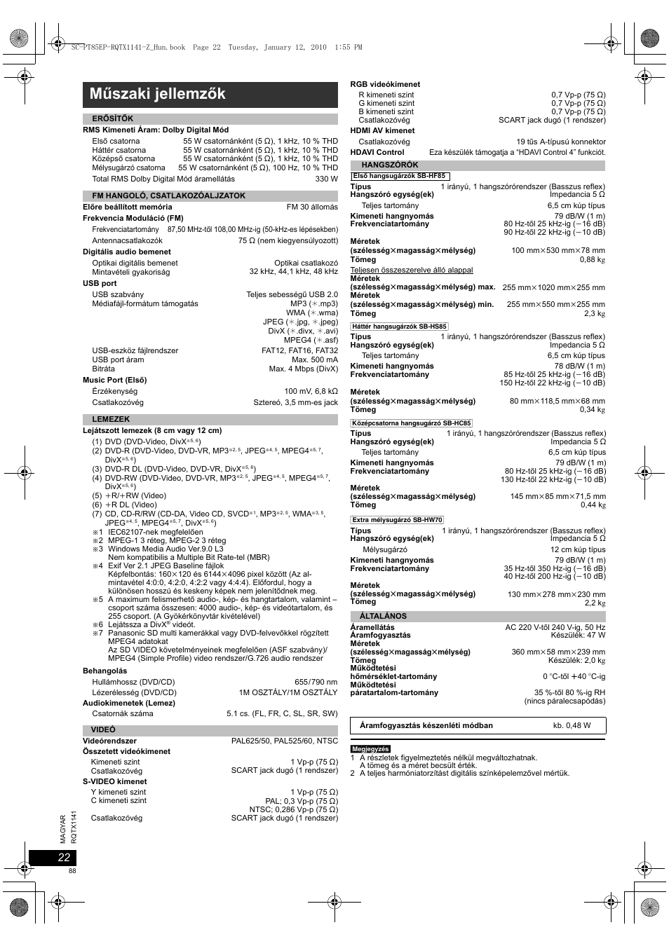 Műszaki jellemzők | Panasonic SCPT85EP User Manual | Page 88 / 94