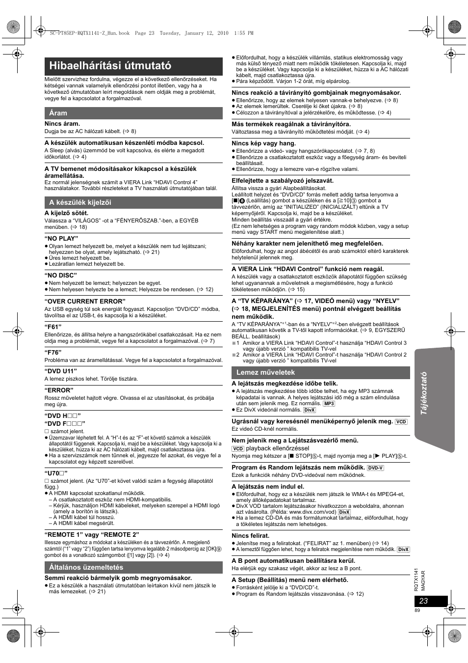 Hibaelhárítási útmutató, Tá jé ko zt at ó | Panasonic SCPT85EP User Manual | Page 89 / 94
