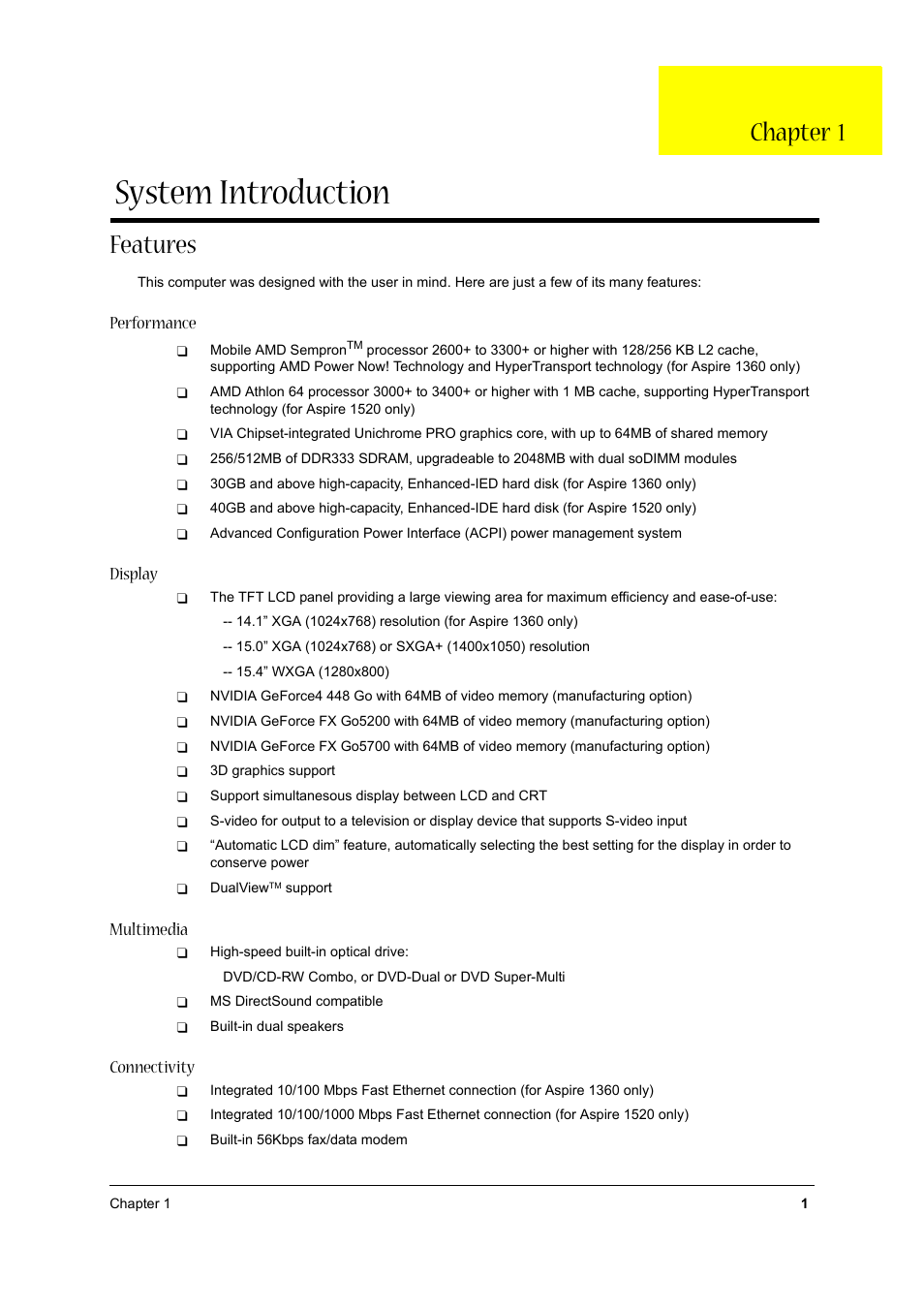 Ch.1 system introduction, Features, System introduction | Chapter 1, Performance, Display, Multimedia, Connectivity | Aspire Digital 1360 User Manual | Page 10 / 142