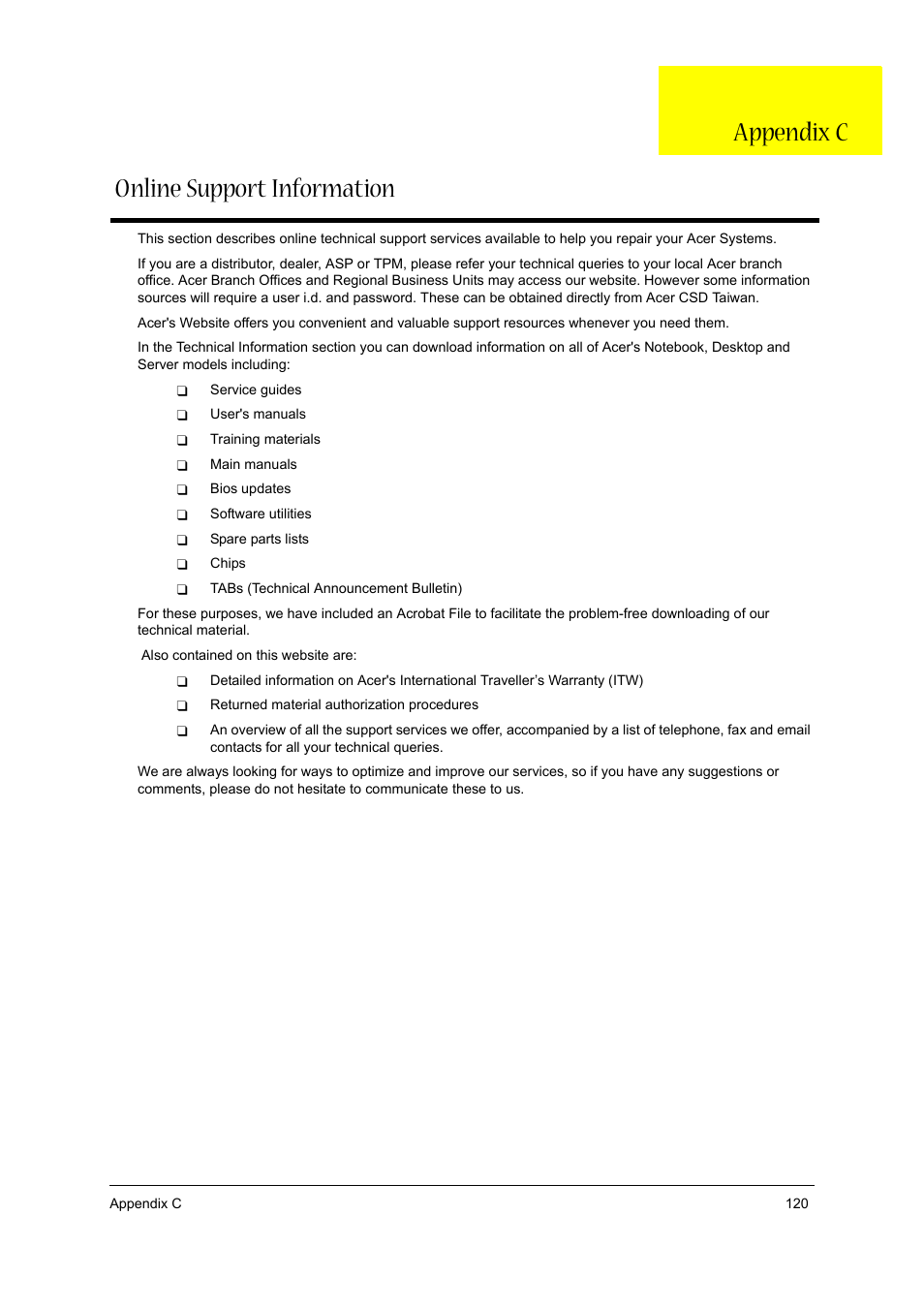 App.c online support information, Online support information appendix c | Aspire Digital 1360 User Manual | Page 139 / 142