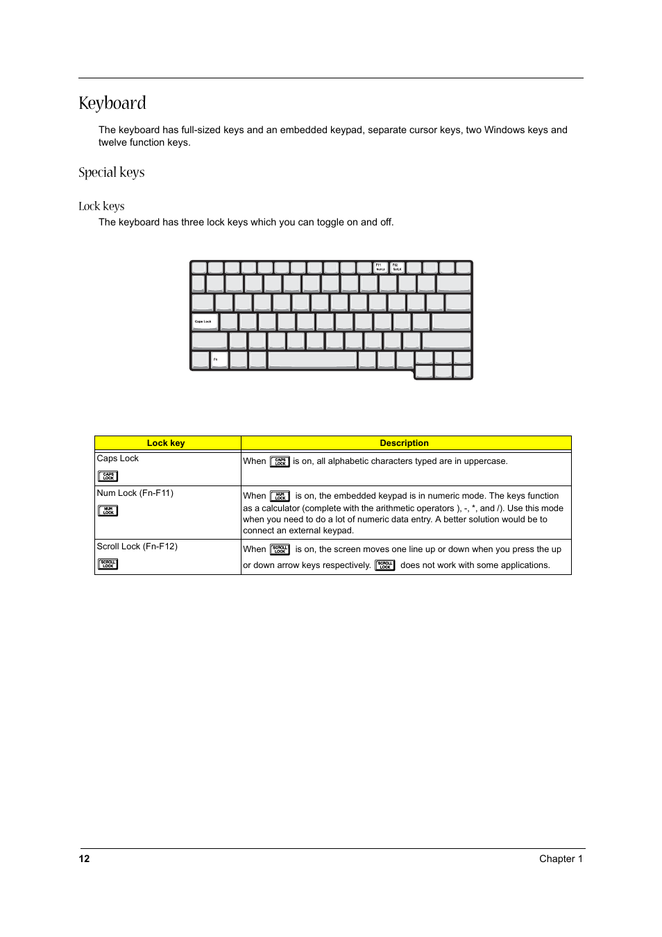 Keyboard, Special keys, Lock keys | Aspire Digital 1360 User Manual | Page 21 / 142