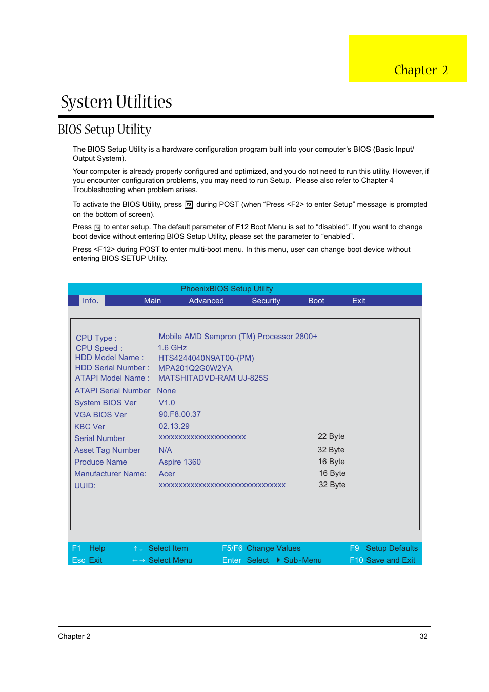 Ch.2 system utilities, Bios setup utility, System utilities | Chapter 2 | Aspire Digital 1360 User Manual | Page 41 / 142