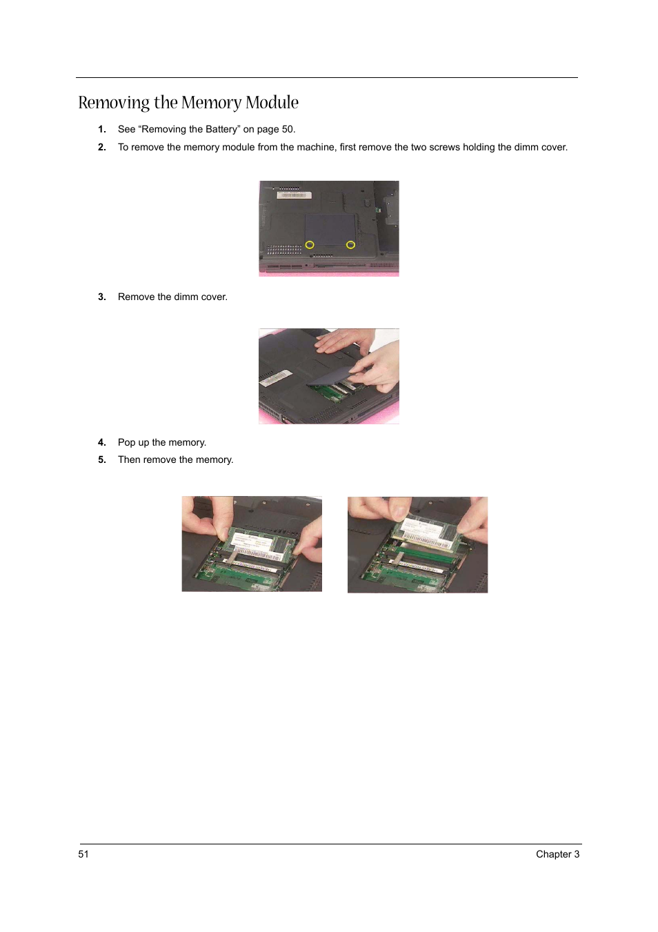 Removing the memory module | Aspire Digital 1360 User Manual | Page 60 / 142