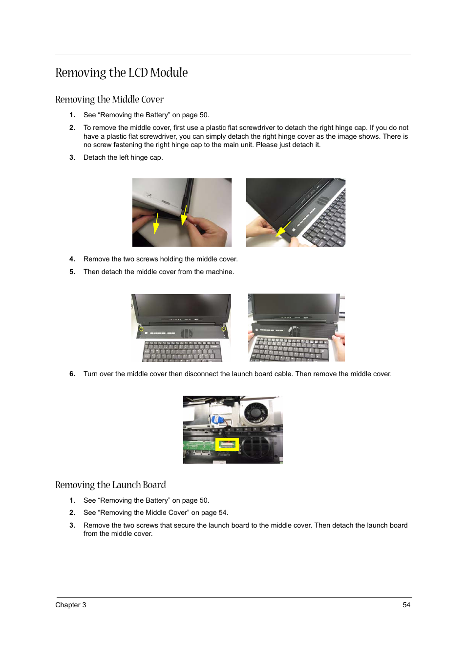 Removing the lcd module, Removing the middle cover, Removing the launch board | Aspire Digital 1360 User Manual | Page 63 / 142