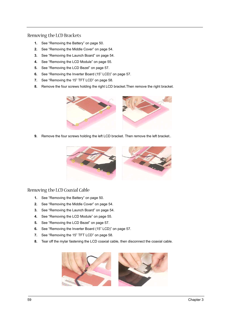 Removing the lcd brackets, Removing the lcd coaxial cable | Aspire Digital 1360 User Manual | Page 68 / 142
