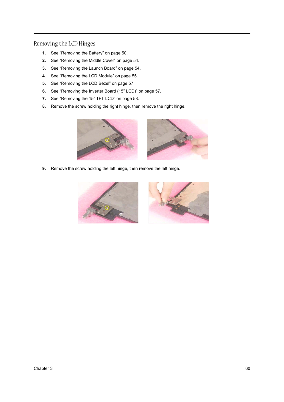 Removing the lcd hinges | Aspire Digital 1360 User Manual | Page 69 / 142