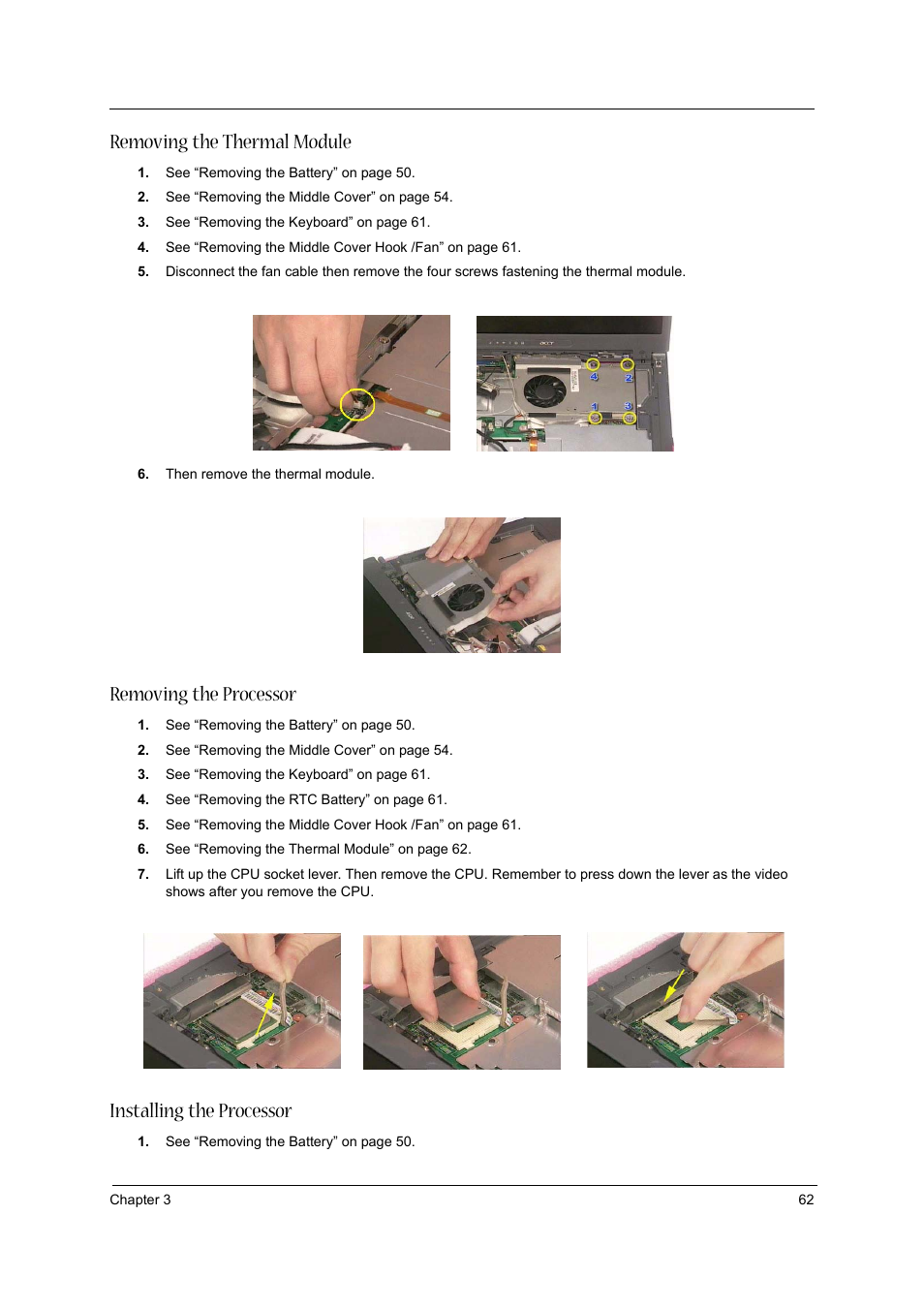 Removing the thermal module, Removing the processor, Installing the processor | Aspire Digital 1360 User Manual | Page 71 / 142