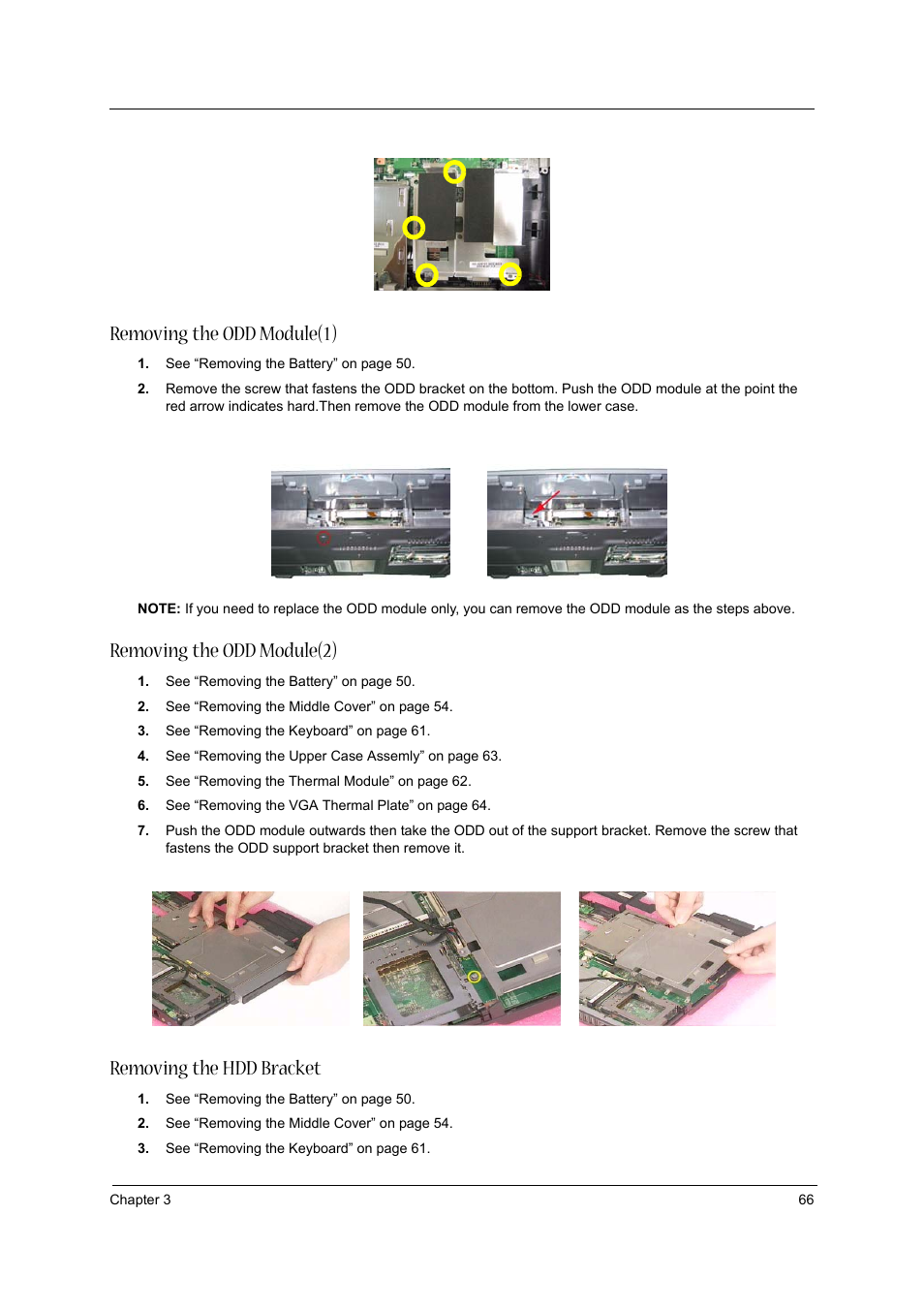 Removing the odd module(1), Removing the odd module(2), Removing the hdd bracket | Aspire Digital 1360 User Manual | Page 75 / 142