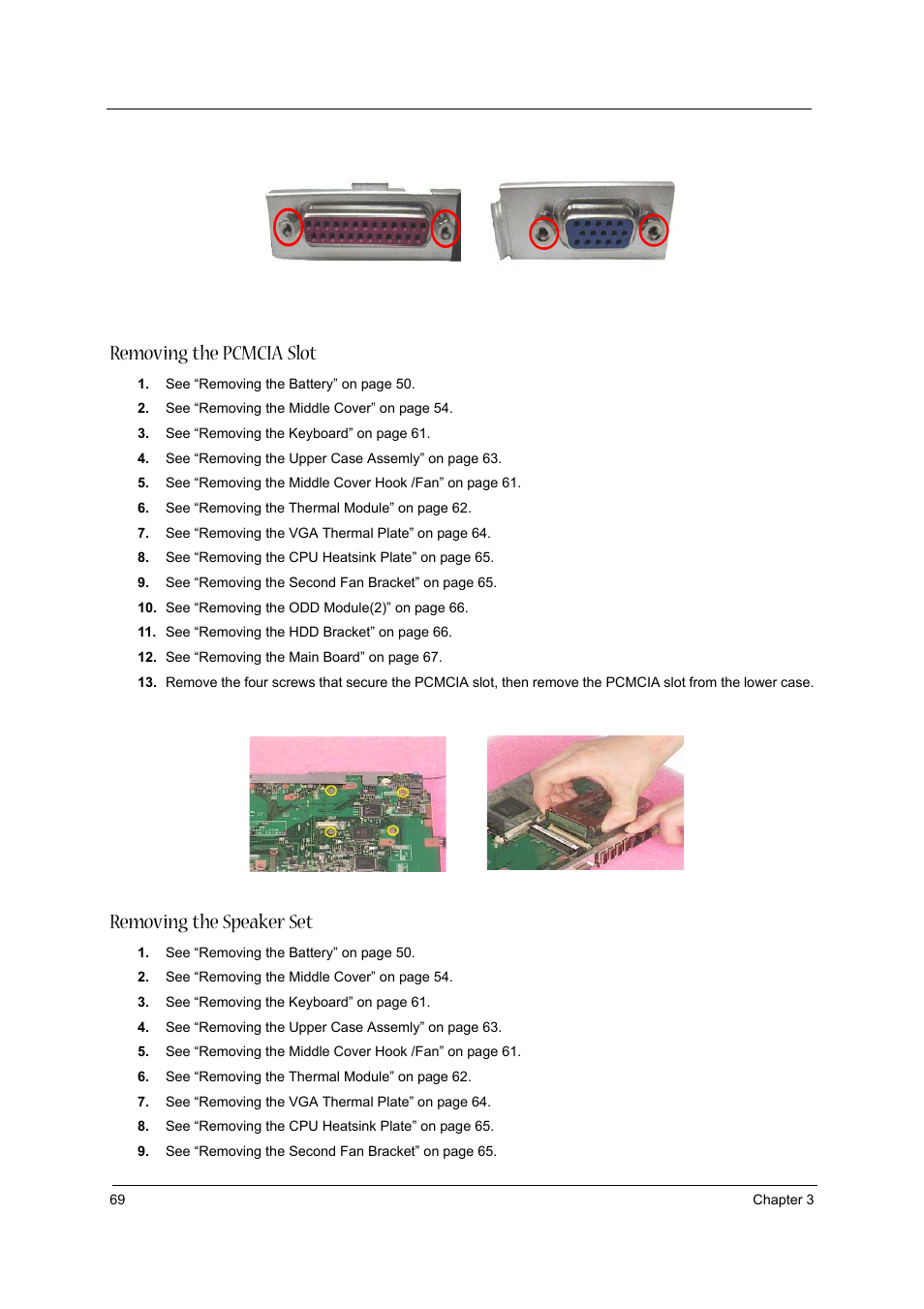 Removing the pcmcia slot, Removing the speaker set | Aspire Digital 1360 User Manual | Page 78 / 142
