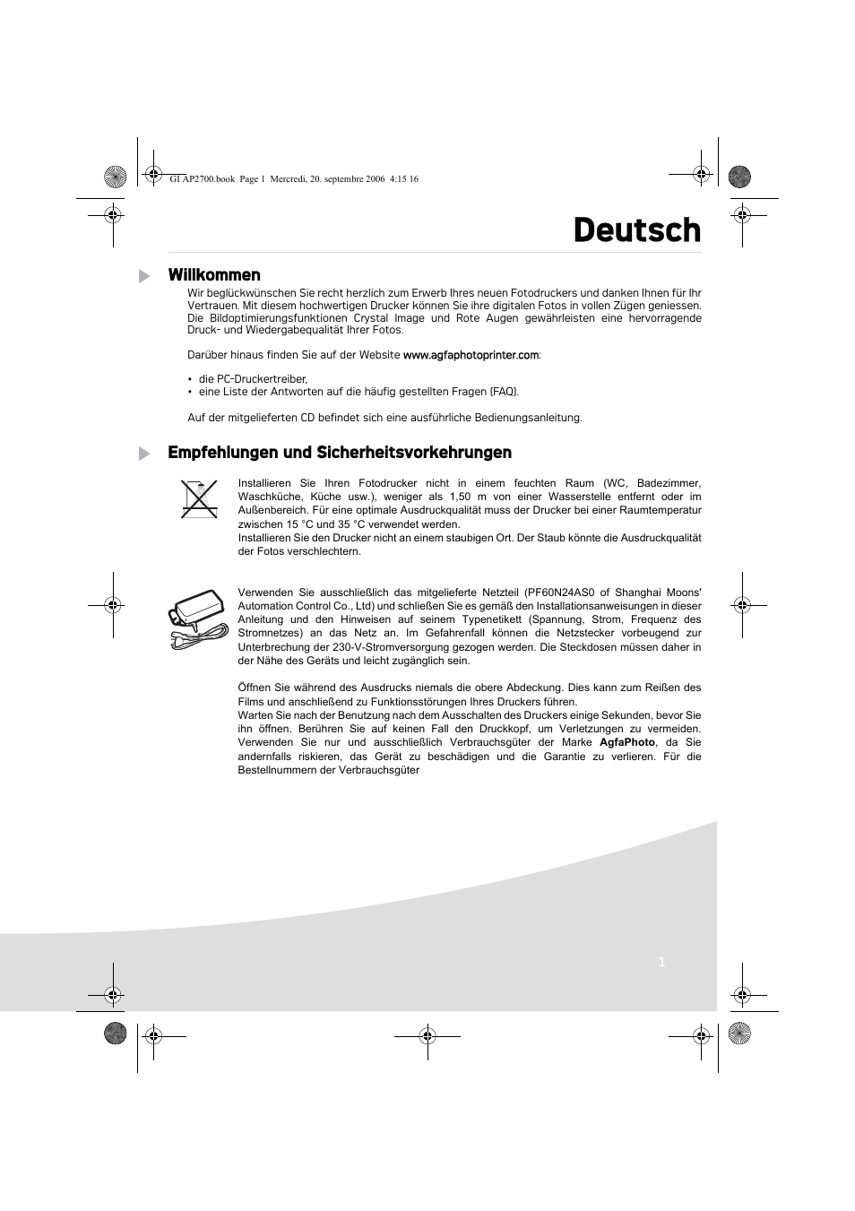 Deutsch, Willkommen, Empfehlungen und sicherheitsvorkehrungen | AGFA AP2700 User Manual | Page 29 / 192